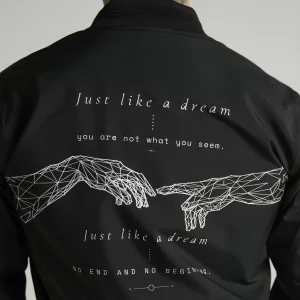 Statement bomber jacket with artistic graphics and contemporary streetwear design.