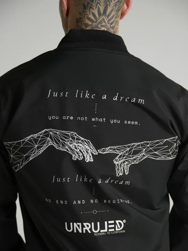 Statement bomber jacket with artistic graphics and contemporary streetwear design.