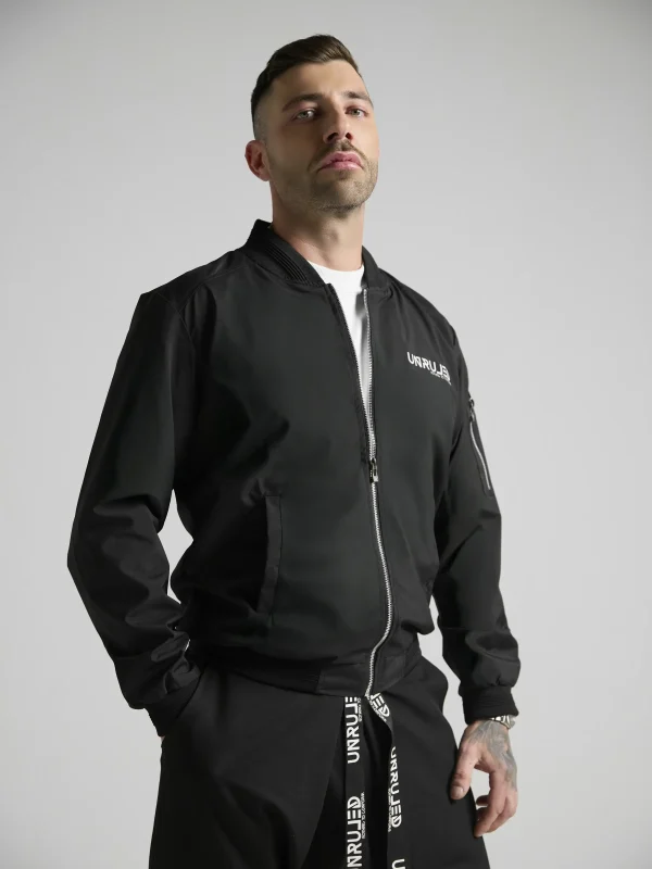 Statement bomber jacket with artistic graphics and contemporary streetwear design.