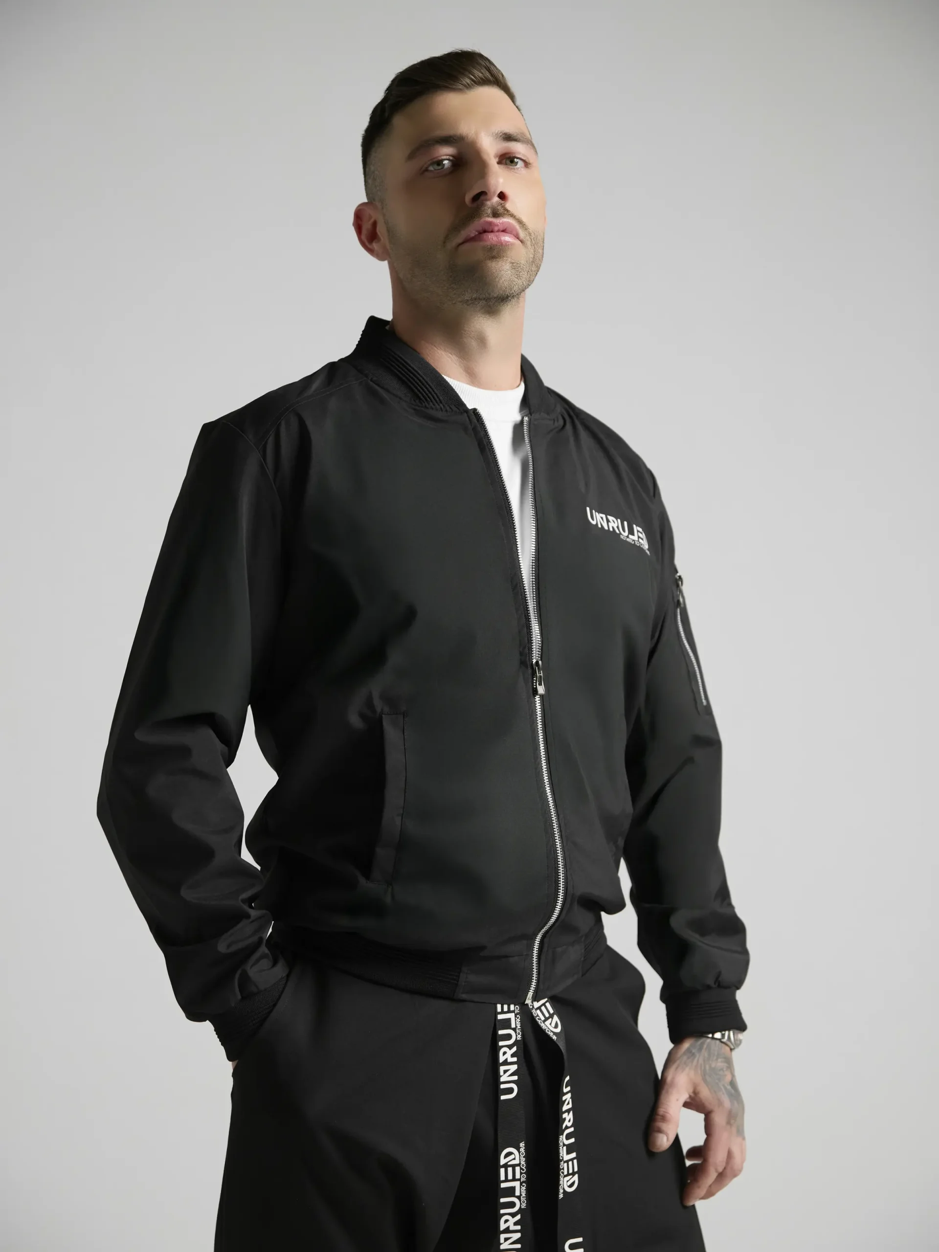 Statement bomber jacket with artistic graphics and contemporary streetwear design.