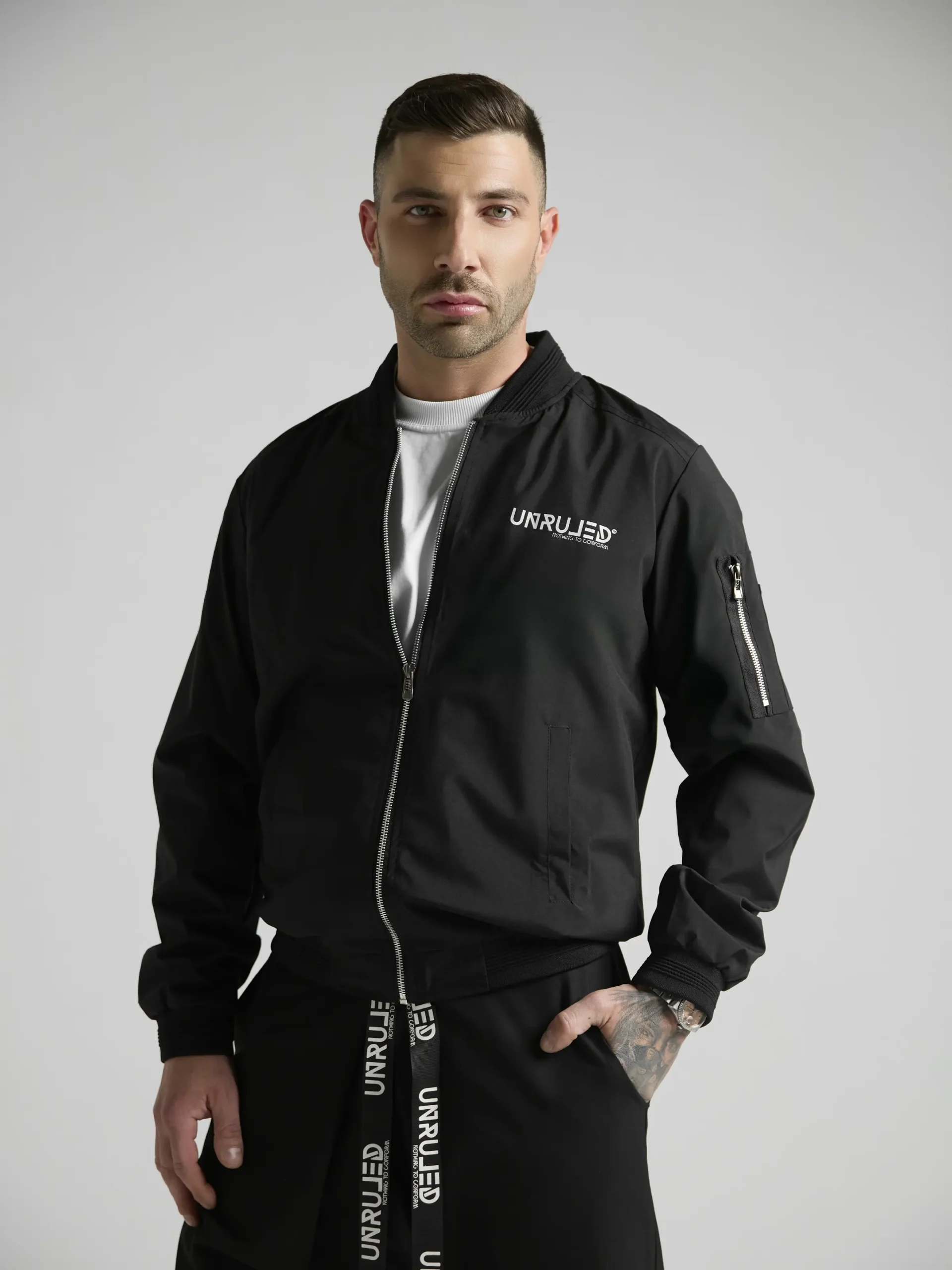 Statement bomber jacket with artistic graphics and contemporary streetwear design.