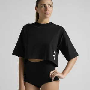 Black cropped T-shirt featuring a minimalist contemporary design by UNRULED.