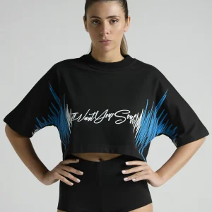 Black women's cropped T-shirt from UNRULED BEAT collection with immersive DJ-inspired artwork.