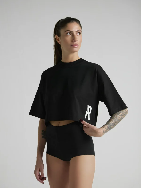 Women's black cropped T-shirt crafted from premium cotton and made in Italy.